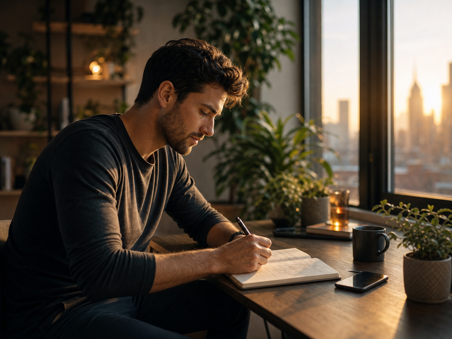 Person journaling by a window at dawn