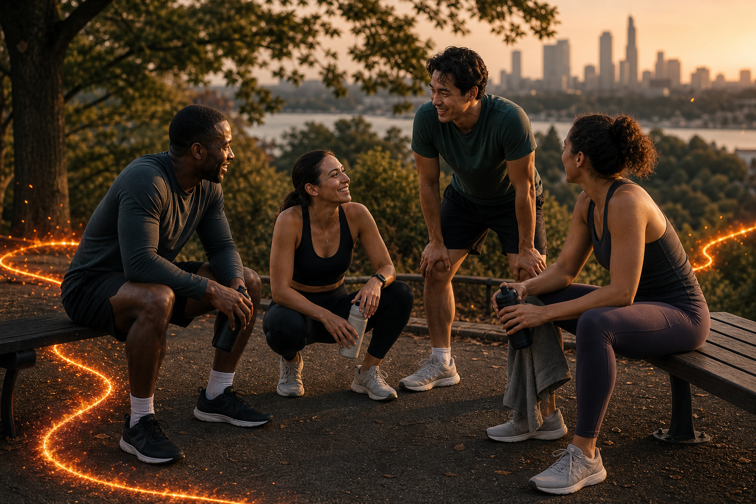 Small group outdoors catching their breath after a workout at dusk